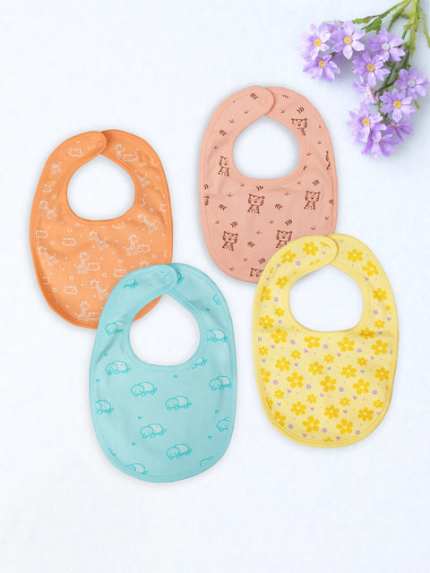 Organic Cotton Baby Bib Pack of 4 – Giraffe, Tiger, Turtle & Flower Print, Feeding & Drool Bibs
