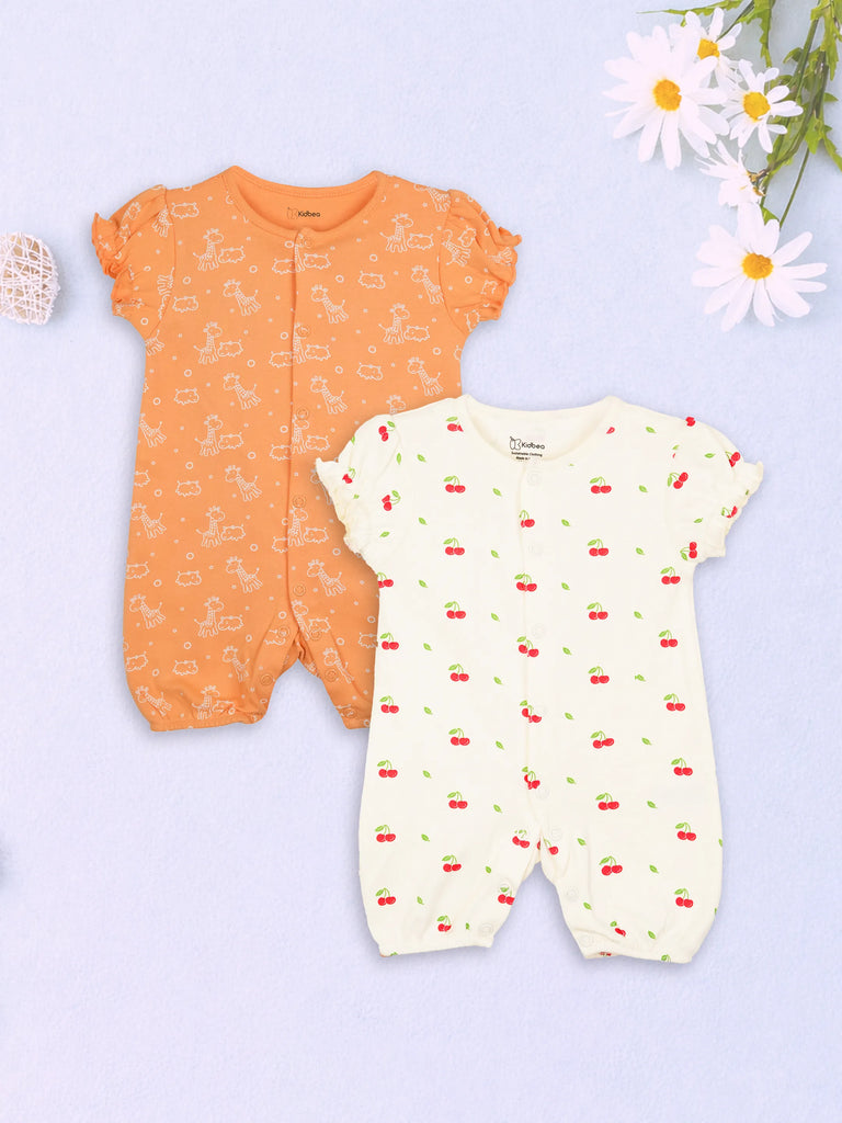 Organic Cotton Girls’ Giraffe & Cherry Print Romper Pack of 2