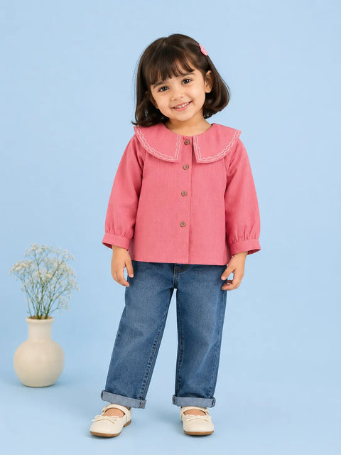 Girls Pink Cotton Collar Top – Stylish Full-Sleeve Everyday Wear