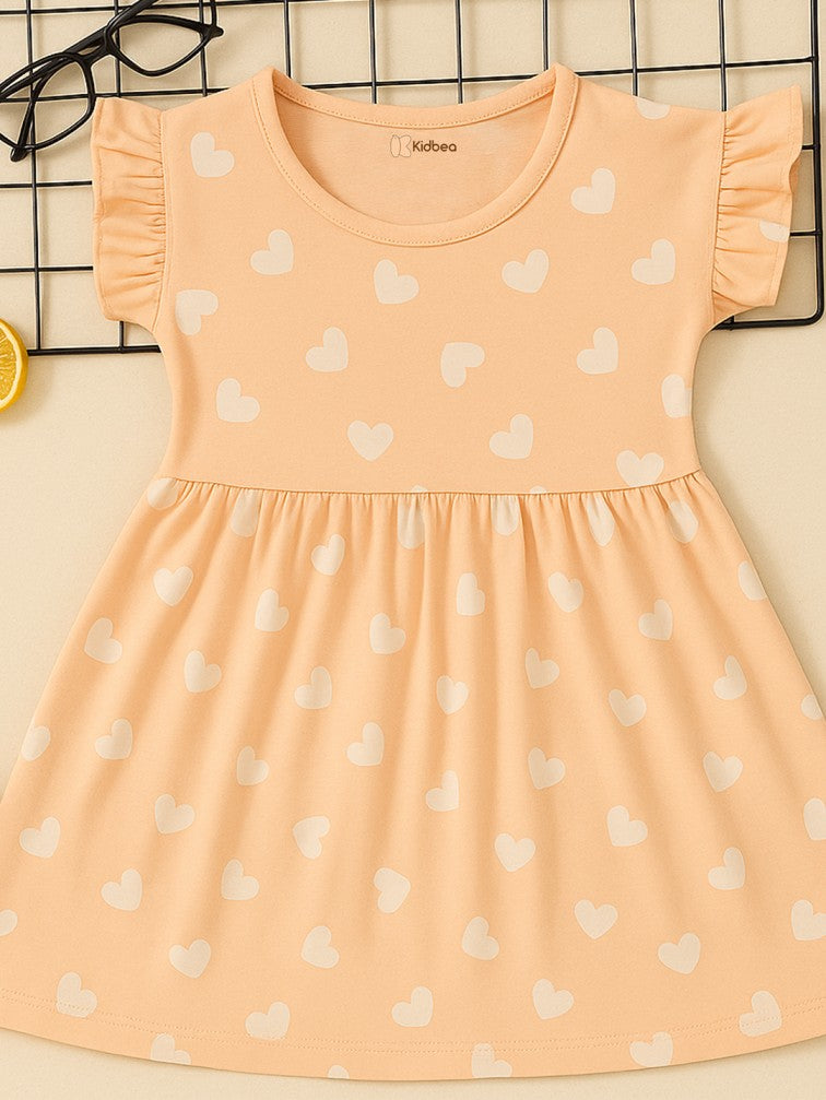Kidbea Girls Cotton Frock | Heart Printed Dress for Summer | Ruffle Sleeves | Pink