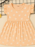 Kidbea Girls Cotton Frock | Heart Printed Dress for Summer | Ruffle Sleeves | Pink