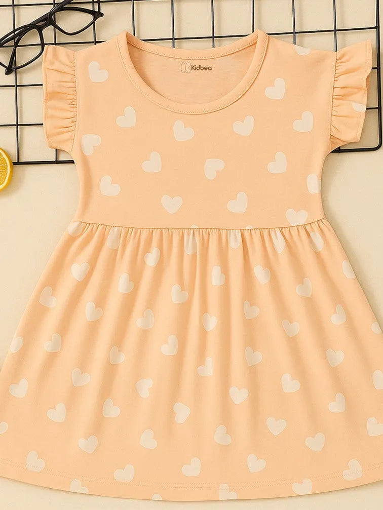 Kidbea Girls Cotton Frock | Heart Printed Dress for Summer | Ruffle Sleeves | Pink