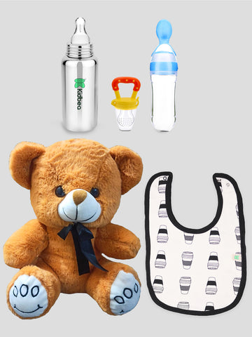 Kidbea Teddy Soft Toy, Coffee Cup Bib, Stainless Steel Infant Baby Feeding Bottle, Silicone Food Feeder & Silicone Fruit Nibbler Soft Pacifier/Feeder, Teether for Baby