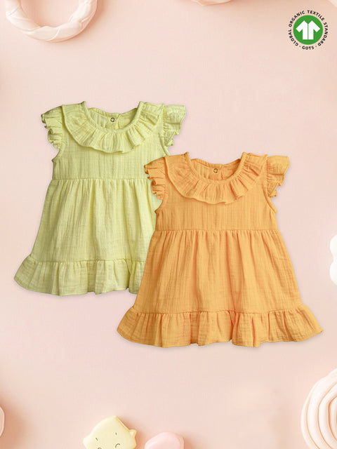 Light Linen Girls Dress Set | Pack of 2 (Green & Mustard Yellow)