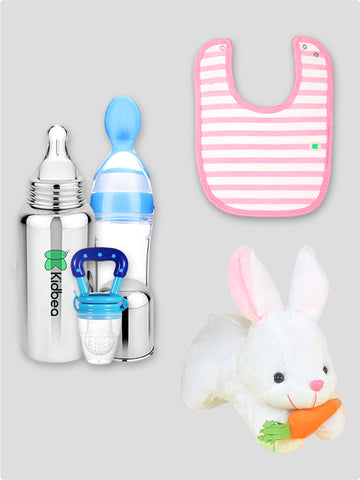 Kidbea Rabbit Soft Toy, Pink Strip Bib, Stainless Steel Infant Baby Feeding Bottle, Silicone Food Feeder & Silicone Fruit Nibbler Soft Pacifier/Feeder, Teether for Baby