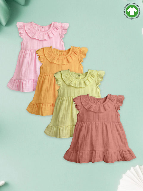 Light Organic Cotton Girls Frock Set | Pack of 4 (Pink, Mustard Yellow, Green & Rust)