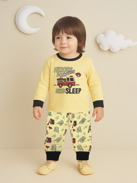 Unisex Kids Cotton Nightsuit Set | Firetruck Print | Full Sleeves Pajamas | Cream