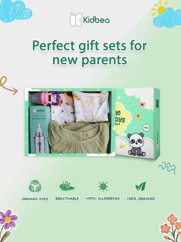 Kidbea® Unisex Baby Gift Set – Pack of 5 Essentials | Giraffe Romper, Linen Frock, Jhabla, Steel Feeding Bottle, Fruit Feeder | Organic Newborn Gift Box
