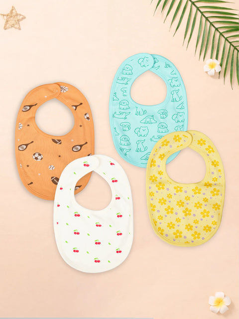 Organic Cotton Baby Bib Pack of 4 – Football, Blue Dog, Cherry & Flower Print, Feeding & Drool Bibs
