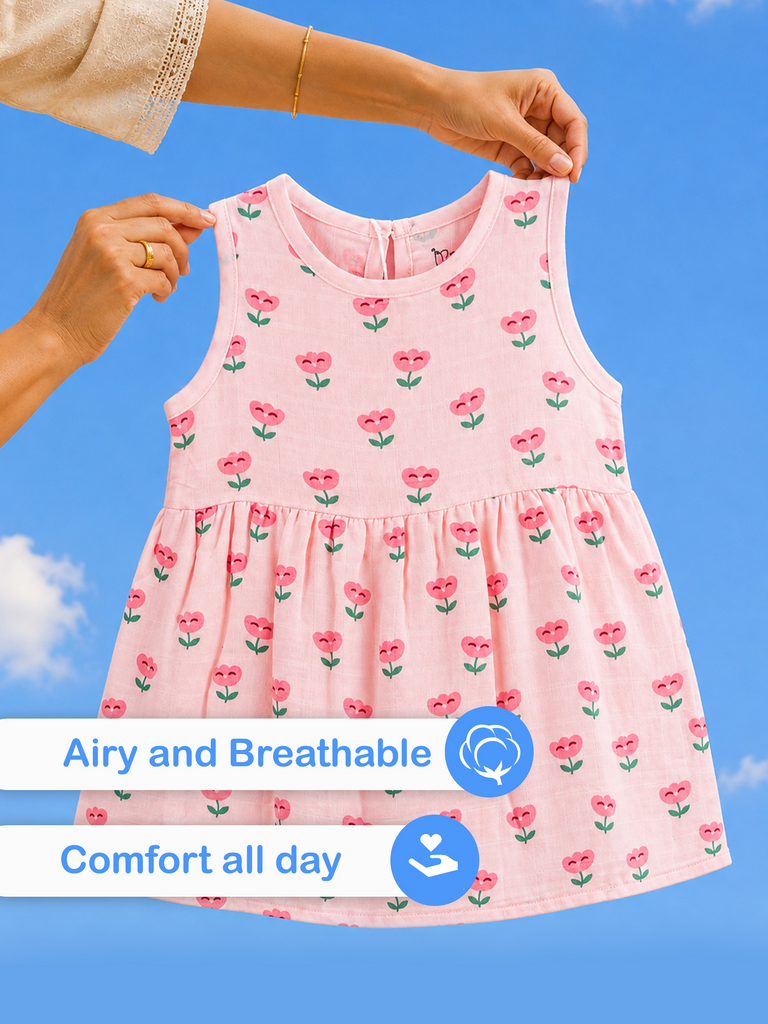 BambooTEC™ Bamboo Muslin Baby Frock – Pink Flower Print, Soft & Breathable Dress