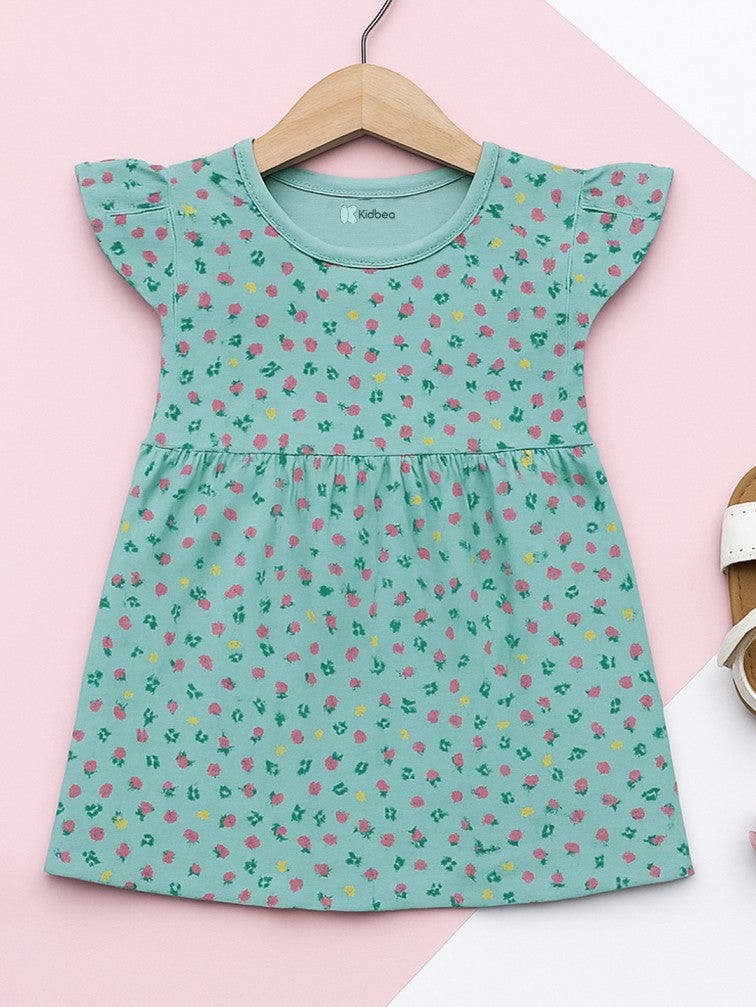 Kidbea Girls Cotton Frock | Soft & Breathable Fabric | Flutter Sleeve Casual Wear for Kids | Teal