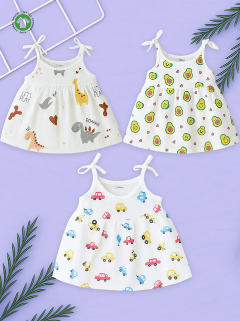 Extra Soft Muslin Baby Girls Frock Pack of 3 – Dinosaur, Avocado & Vehicle Prints