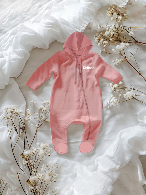 Unisex Premium  Bamboo full sleeves Ultra-Soft fabric Romper With Hoodie - Peach