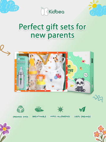 Kidbea® Premium Baby Gift Set – Pack of 5 Essentials | Tiger Romper, Stainless Steel Bottle, Muslin Frock, Spoon & Fruit Feeder | Organic Newborn Gift Box