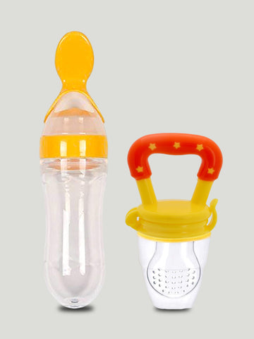 Kidbea Baby Fruit Feeder And Food Feeding Spoon Ultra Soft Food Grade Silicone for Cereals for Infant Baby 3 Months Plus for Baby 6 to 12 Months (Yellow Combo)