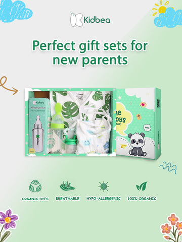 Kidbea® Premium Baby Gift Set – Pack of 5 Essentials | Leaf Romper, Stainless Steel Bottle, Muslin Frock, Spoon & Fruit Feeder | 100% Organic Newborn Gift Box