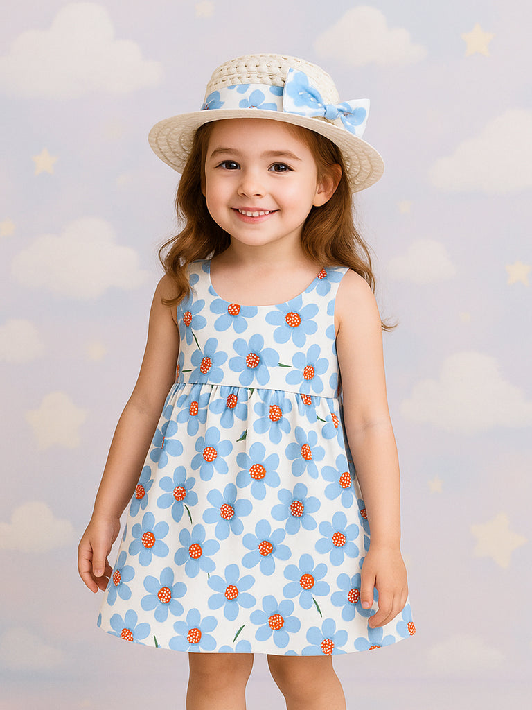 Kidbea Baby Girls Floral Cotton Dress with Blue Garden Flowers Match