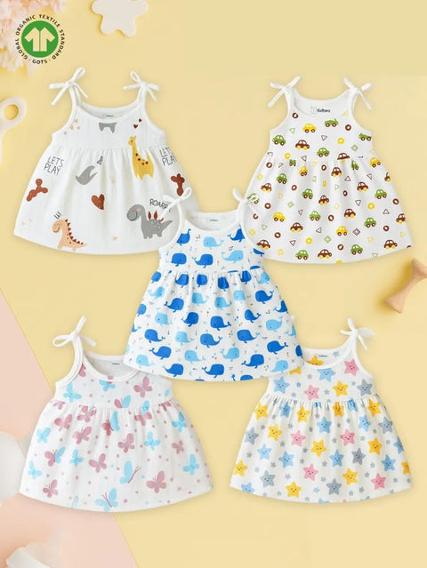 Extra Soft Muslin Baby Girls Frock Pack of 5 – Dinosaur, Car, Whale, Butterfly & Star Prints