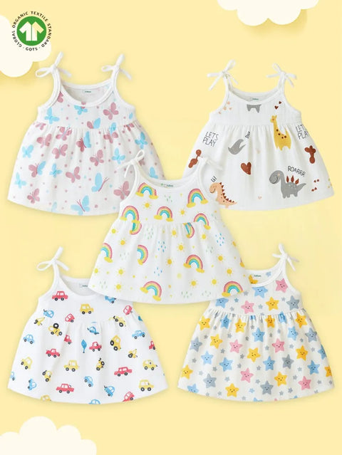 Extra Soft Muslin Baby Girls Frock Pack of 5 – Butterfly, Dinosaur, Rainbow, Car & Star Prints