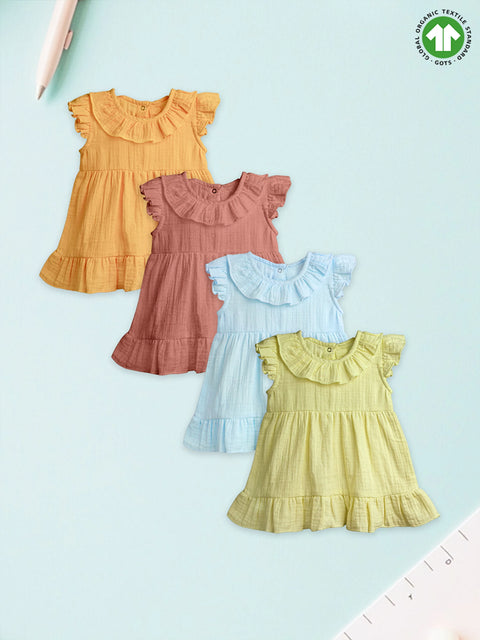 Light Organic Cotton Girls Frock Set | Pack of 4 (Mustard Yellow, Rust, Sky Blue & Green)