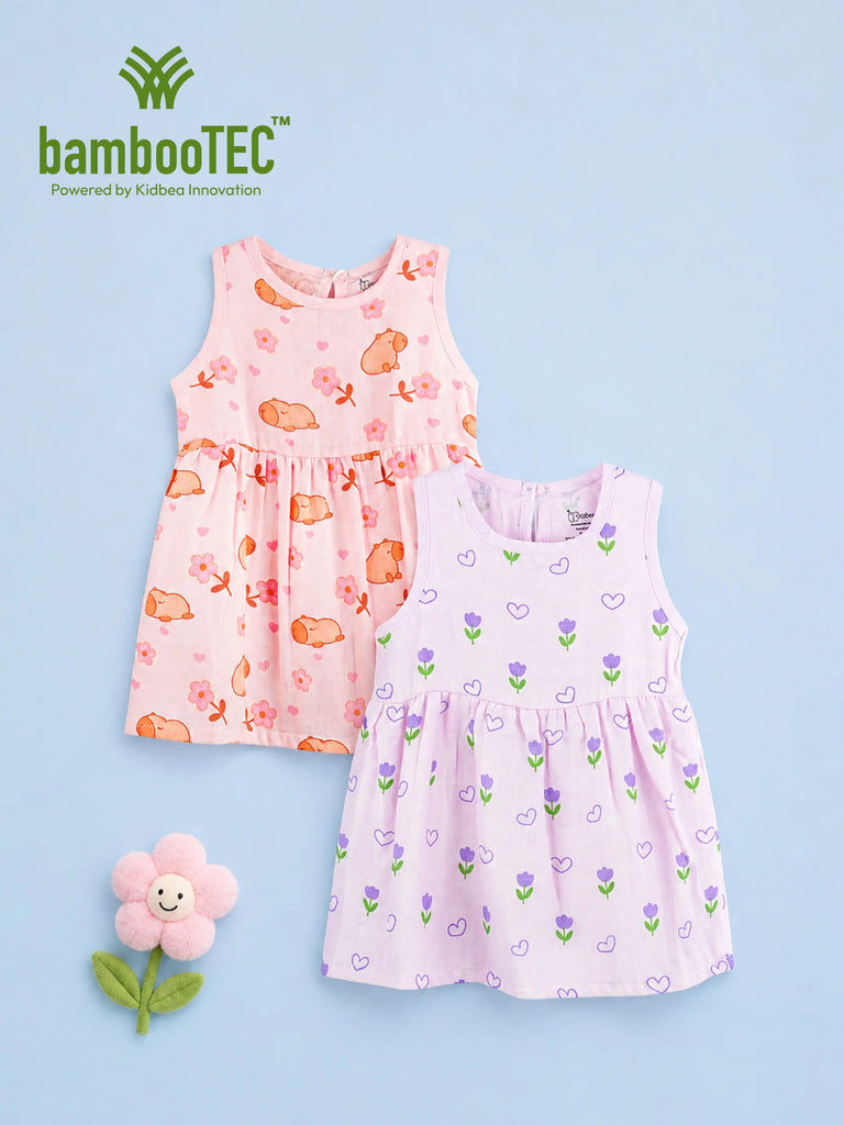 BambooTEC™ Bamboo Muslin Girls Frock – Bunny & Tulip Print | Pack of 2