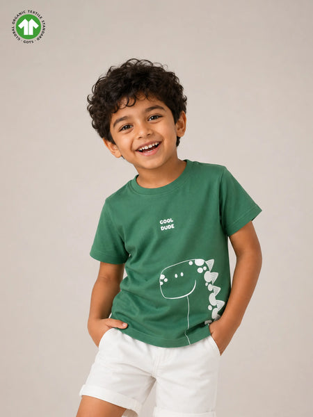 Organic Cotton Forest Green Dinosaur Print Round Neck Half Sleeve T-Shirt for Boys