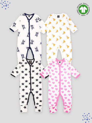 Kidbea 100% Organic cotton Pack of 4 full Buttons romper | Dog | Pizza | Star | Heart