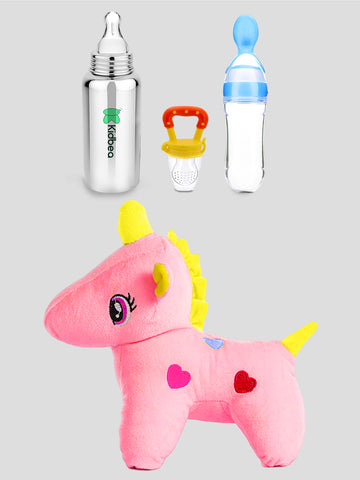 Kidbea Unicorn Pink Soft Toy, Stainless Steel Infant Baby Feeding Bottle, Silicone Food Feeder & Silicone Fruit Nibbler Soft Pacifier/Feeder, Teether for Baby
