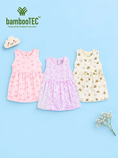 BambooTEC™ Bamboo Muslin Baby Girls Frock Pack of 3 – Cat, Puppy & Bee Floral Prints