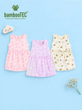 BambooTEC™ Bamboo Muslin Baby Girls Frock Pack of 3 – Cat, Puppy & Bee Floral Prints