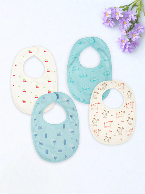 Organic Cotton Baby Bib Pack of 4 – Cherry, Turtle, Beach & White Dog Print, Feeding & Drool Bibs