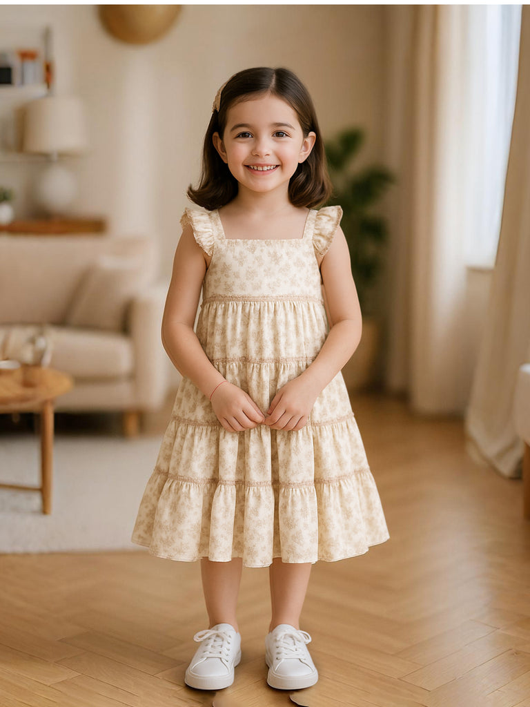 Girls Sleeveless Ruffle Floral Dress | Organic Cotton Summer Frock