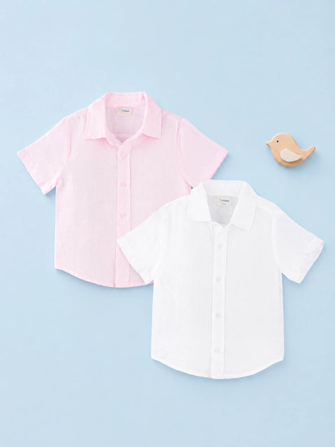 Linen Cotton Girls Shirt Pack of 2 – Pink & White Half-Sleeve Shirts