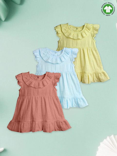 Light Organic Cotton  Girls Frock Set | Pack of 3 (Sky Blue, Green & Rust)