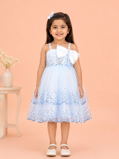 Girls Blue Partywear Frock – Sequin Embellished Bow Detail Dress