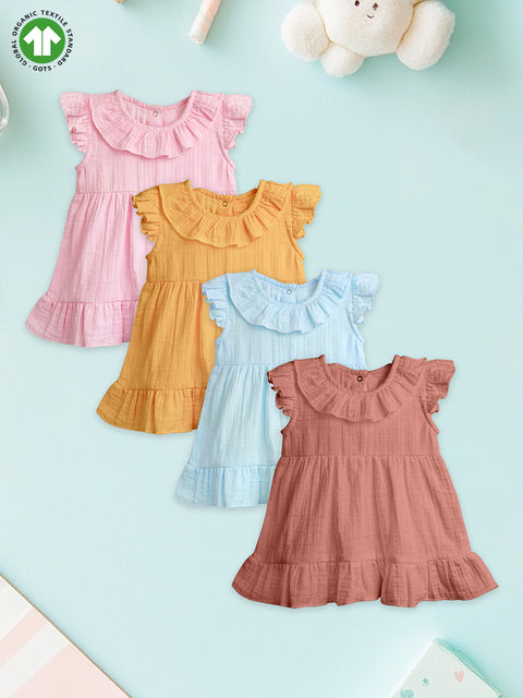 Light Linen Girls Dress Set | Pack of 4 (Pink, Mustard Yellow, Sky Blue & Rust)