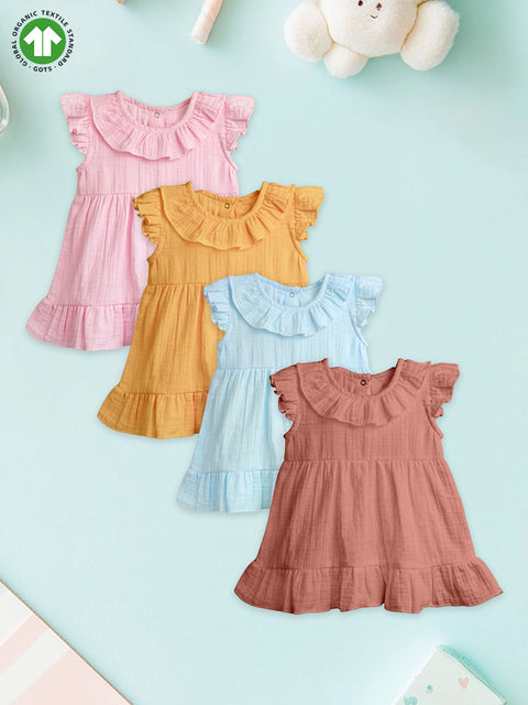 Light Organic Cotton Girls Frock Set | Pack of 4 (Pink, Mustard Yellow, Sky Blue & Rust)