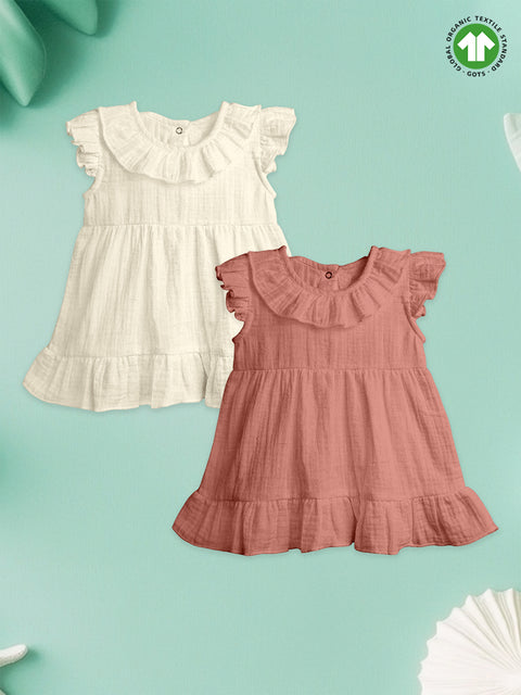 Light Linen Girls Dress Set | Pack of 2 (Off White & Rust)