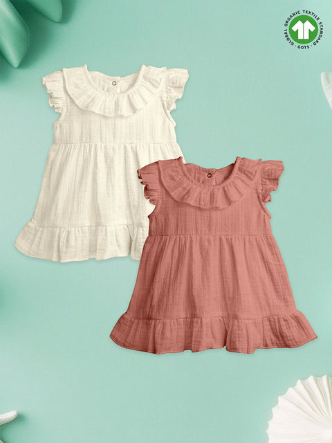 Light Organic cotton Girls Frock Set | Pack of 2 (Off White & Rust)