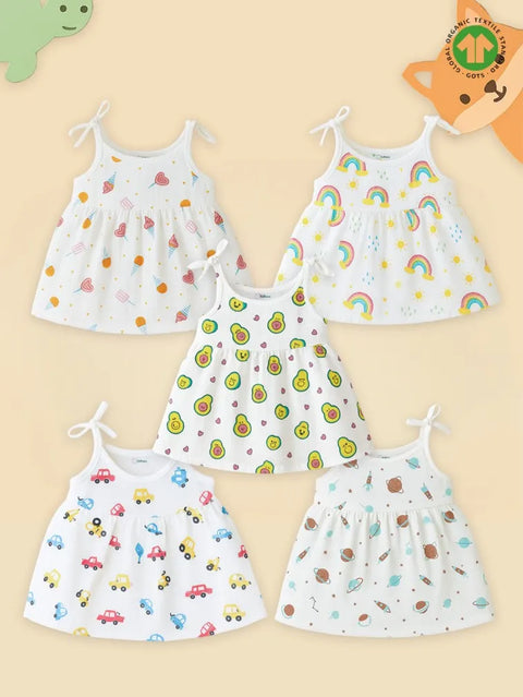 Extra Soft Muslin Baby Girls Frock Pack of 5 – Ice Cream, Rainbow, Avocado, Car & Space Prints