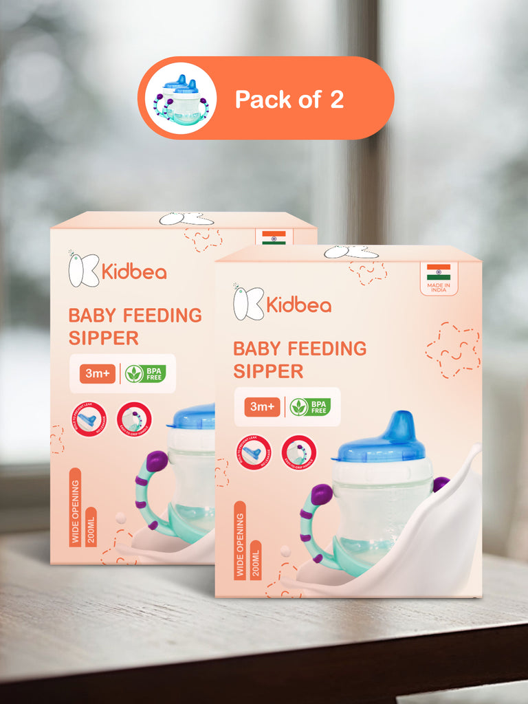 Kidbea Baby Sipper Cup – Blue (Pack of 2) | BPA-Free, Soft Spout, Spill-Proof Design, Easy Grip Handles, 200ML Each