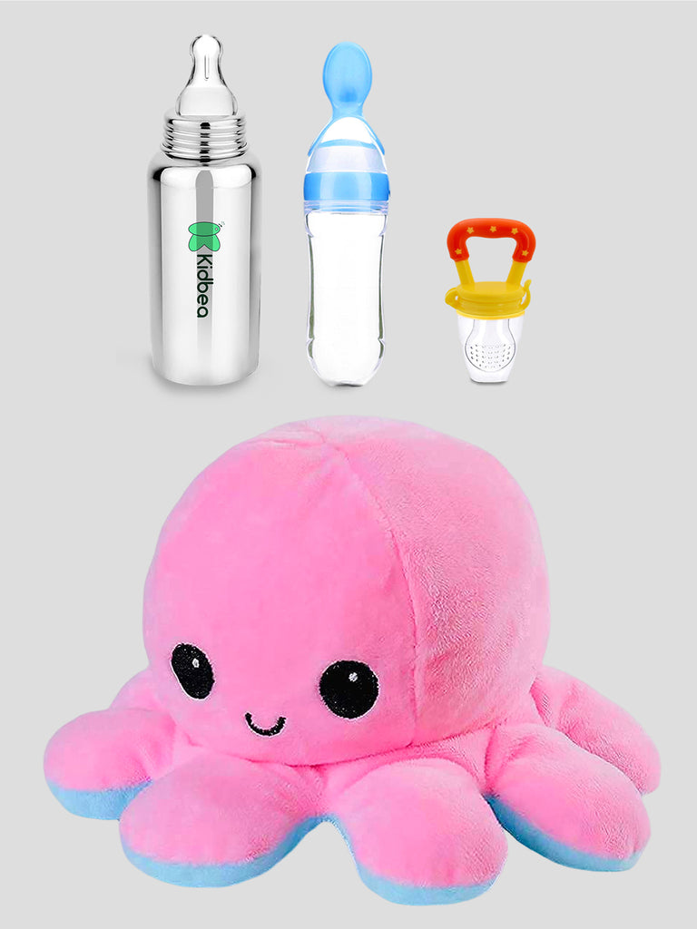 Kidbea  Octopus Mood Change Soft Toy, Stainless Steel Infant Baby Feeding Bottle, Silicone Food Feeder & Silicone Fruit Nibbler Soft Pacifier/Feeder, Teether for Baby