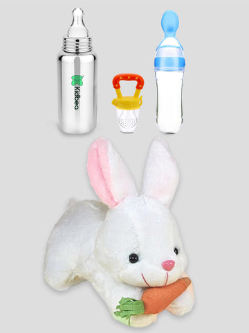 Kidbea Rabbit Soft Toy, Stainless Steel Infant Baby Feeding Bottle, Silicone Food Feeder & Silicone Fruit Nibbler Soft Pacifier/Feeder, Teether for Baby