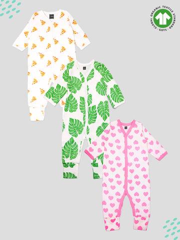 Kidbea 100% Organic cotton Pack of 3 full Buttons romper | Pizza | Leaf | Heart
