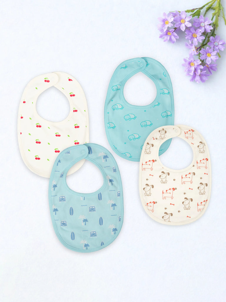 Organic Cotton Baby Bib Pack of 4 – Cherry, Turtle, Beach & White Dog Print, Feeding & Drool Bibs
