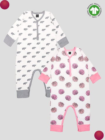 Kidbea 100% Organic Cotton Romper Bodysuit Jumpsuit Combo 2 Designs Color elephant and flower Printed 9-12 Month