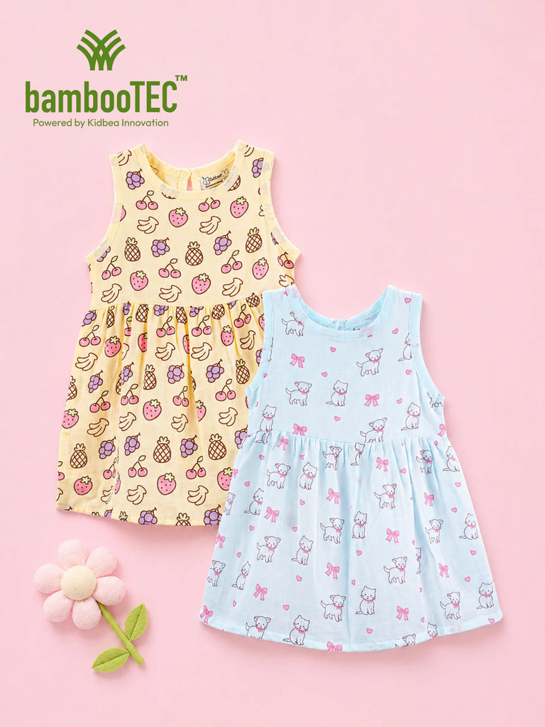 BambooTEC™ Bamboo Muslin Girls Frock – Fruit & Kitty Print | Pack of 2