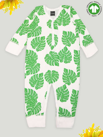 Kidbea 100% cotton fabric full sleeves & Half buttons romper | Leaf | Green