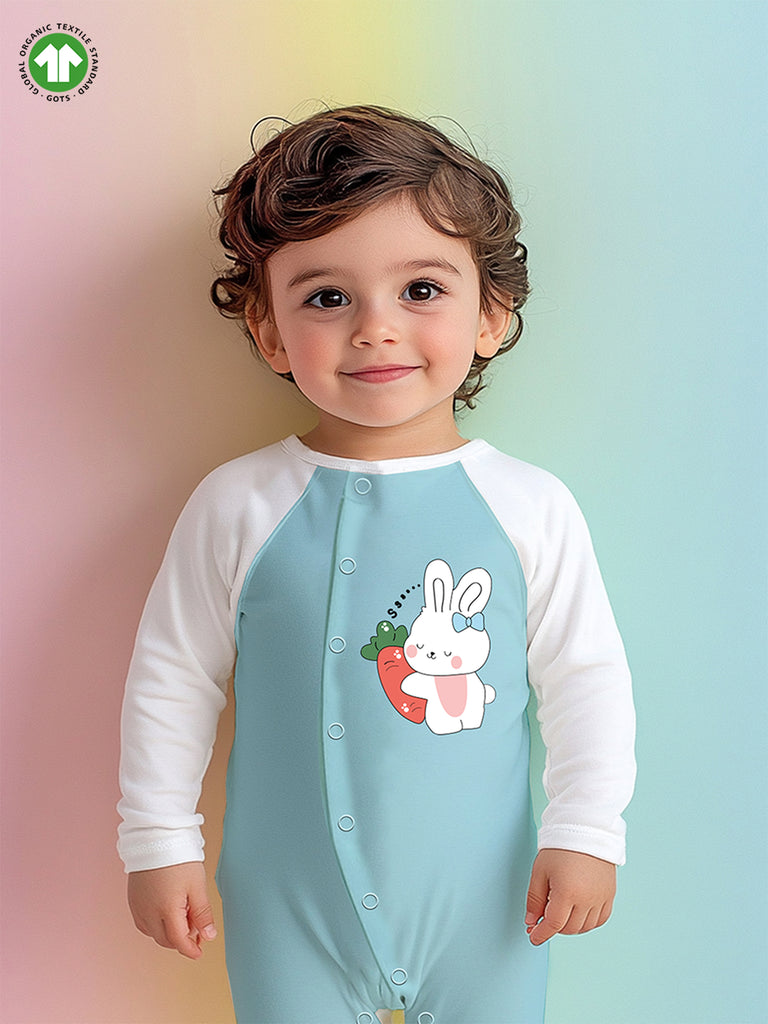 100% Organic Cotton Full Sleeves Bunny Printed Romper - Blue