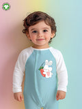 100% Organic Cotton Full Sleeves Bunny Printed Romper - Blue